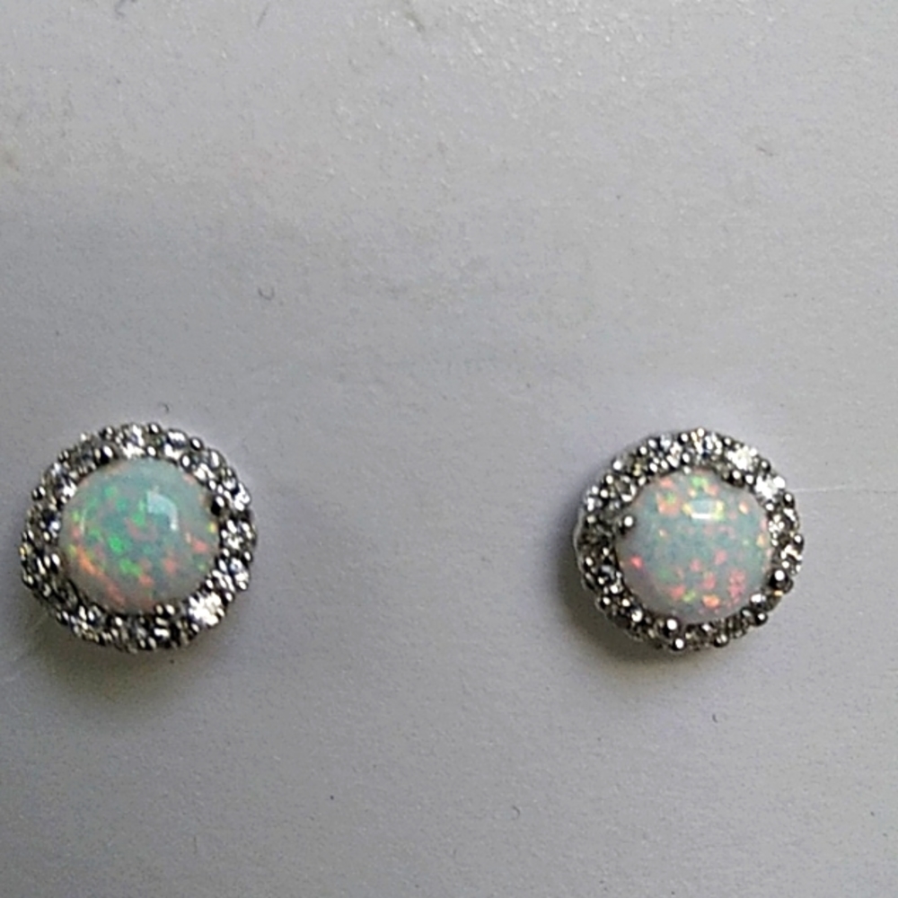 Stunning Iridescent Faux Opal Circled By Cubic Zirconia Earring
